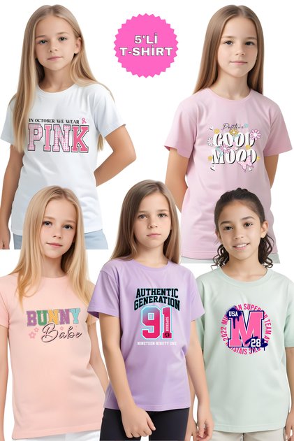 5-Piece Bunny-91-Pink-M-Good Printed Girls' T-Shirt