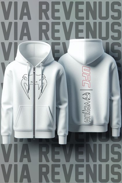 Ufc Front and Back Printed Unisex Zippered Hooded Gray Sweatshirt Cardigan