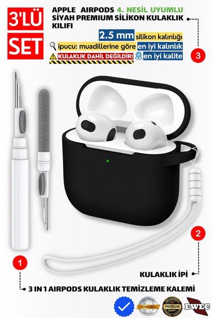 AirPods 4. Nesil ve 5. Nesil Uyumlu Siyah Silikon Kulaklık Kılıfı, Kulaklık Ipi Ve 3'ü 1 Arada Temizleme Kalemi Seti