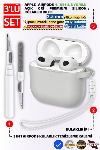 AirPods 4 ve AirPods 5 Uyumlu Açık Gri Silikon Kulaklık Kılıfı, Kulaklık Ipi Ve 3'ü 1 Arada Temizleme Kalemi Seti