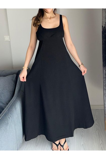 Kadın Siyah Ayarlanabilir Askılı Pamuk Keten Volanlı Rahat Kalıp Maxi Boy Kloş Uzun Keten Elbise