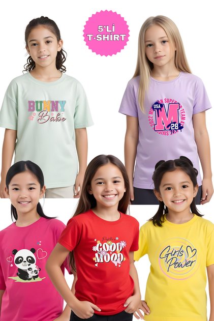 5-Piece Good-Mother Panda-Power-Bunny-M28 Printed Girls' T-Shirt