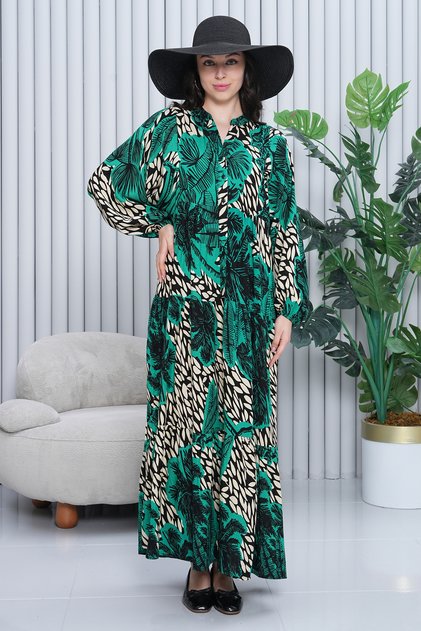 Women's Green Button Detailed Placket Collar Print Loose Balloon Sleeve Long Dress