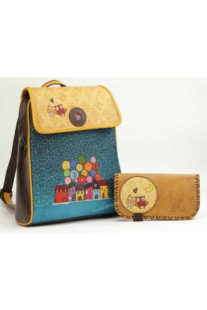 Owl Figured Covered Backpack Ethnic Bohemian Style Wallet Combination Bag Brown Wallet Mustard