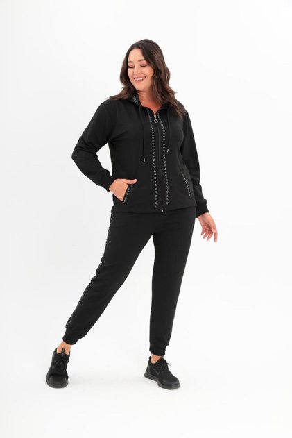 Women's Two Yarn Front Zippered Elastic Leg Hooded Tracksuit Set