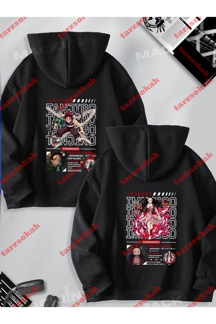Sevgili Çift Kombini Tanjiro ve Nezuko Anime Tasarım SIRT Baskılı Kapüşonlu Sweatshir