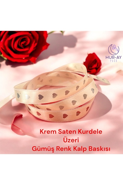 Silver Heart Printed Cream Colored Satin Ribbon, 1.5 cm Satin Ribbon, 3 Meters