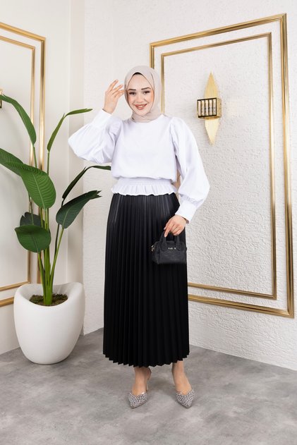 Women's Hijab Clothing Leather Look Elastic Waist Pleated Long Skirt