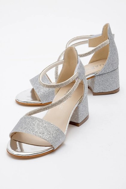 Girl's Silver Velcro and Stone Heeled Shoes with Comfortable Non-Slip Sole - Evening Dress Shoes