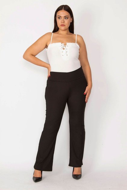Women's Large Size Black Self-Striped Stretch Wide Leg Trousers 65n28669