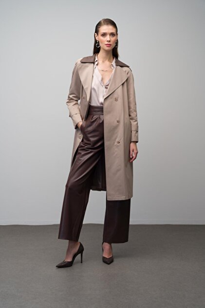 Olcay Water Repellent Point Detailed Leather Trench Coat Stone