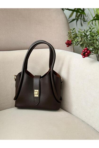 Women's Bitter Brown Puppy Bag Lock Closure Detailed Cross Shoulder Strap Handbag and Shoulder Bag