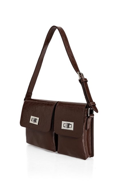 Women's Brown Faux Leather Modern Hand and Shoulder Bag with Lock Detail