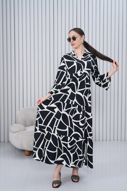 Women's Prevailing Collar Buttoned Long Woven Dress