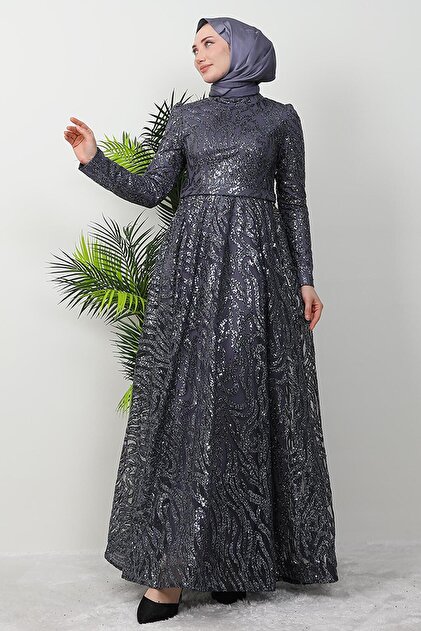 GİZ AGİYİM Dark Gray Sapling Hijab Evening Dress- Trendyol