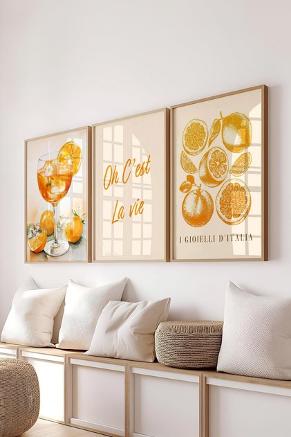 Ahşap Çerçeveli Tablo Seti, Sarı Mutfak Duvar Tablosu, 3 Adet Poster Seti, No:300766