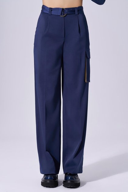 Women's Plain Model High Waisted Daily Use Navy Blue Trousers