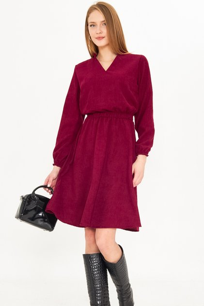 Women's Plum Velvet V-Neck Elastic Waist Slim Ribbed Flared Dress Arm-25K 001049
