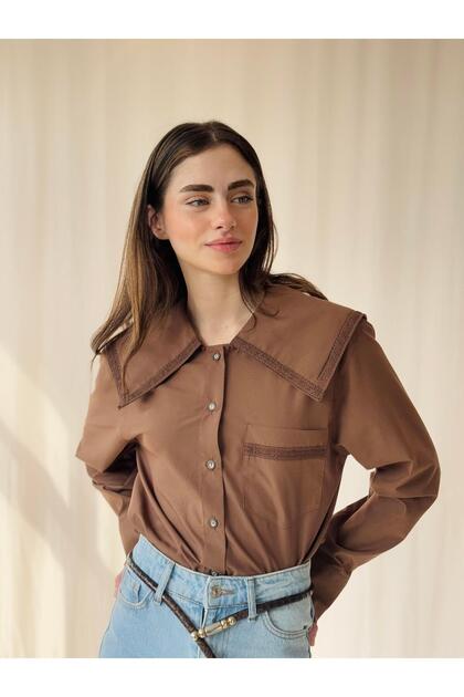 Design Lace Baby Collar Shirt Women's Brown