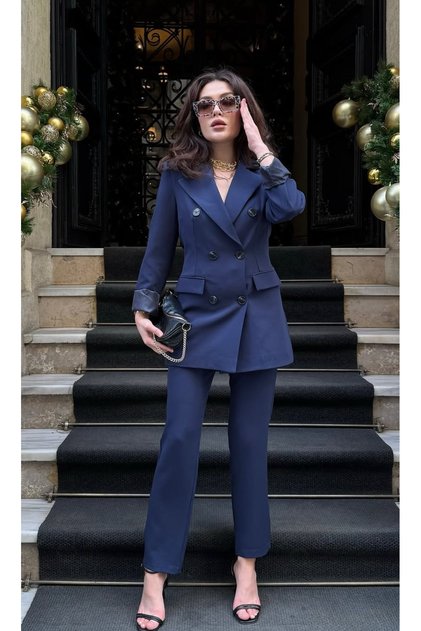 Women's Classic Long Jacket Pants Suit Navy Blue