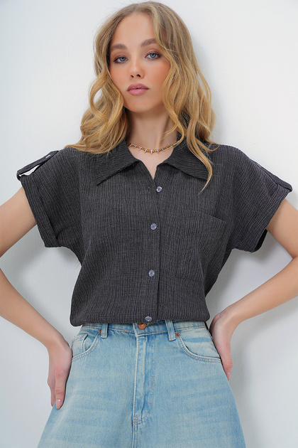 Women's Anthracite Cuffed Double Short Sleeve Textured Shirt Alc-X8724