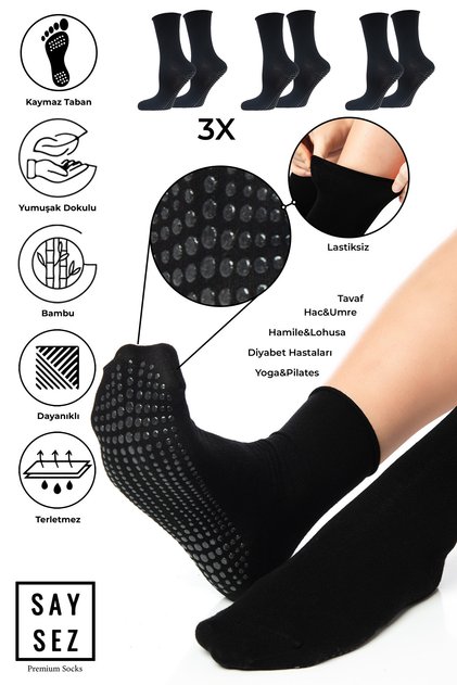 Bambu Kaydırmaz Taban Silikon Baskı Hac Umre Tavaf Hamile Diyabet Pilates Yoga Lastiksiz Çorap 3'lü