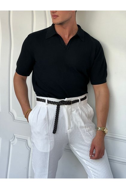 Men's Black Polo Neck Knitted Sweater Tshirt