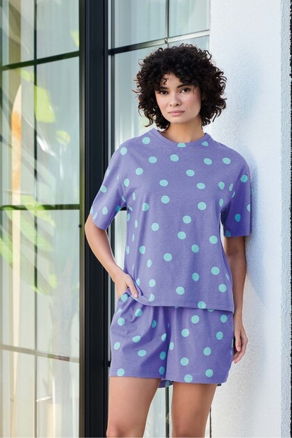 Lodos Store Aydoğan Women's Oversize Short Sleeve Shorts Cotton Pajama Set Polka Dot Patterned Purple