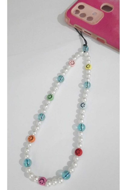 White Pearl Colorful Smiley Face Phone Charm, Phone Strap