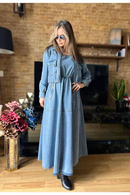 denim jacket dress set Cardella Premium Denim Jeans Gilet Dress and Jacket Two-Piece Set Two-Piece Denim  Jacket Dress Set- Trendyol