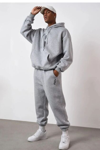 Men's Oversize Hooded Black Tracksuit Set - Cotton