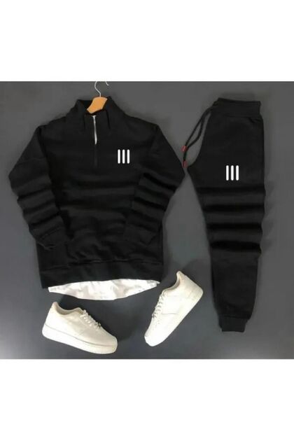 Unisex Three-Stripe Printed Half-Zip Sweatshirt and Sweatpants Set Combo