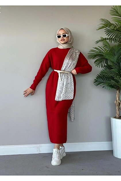 - Fitilli Triko Elbise Kırmızı