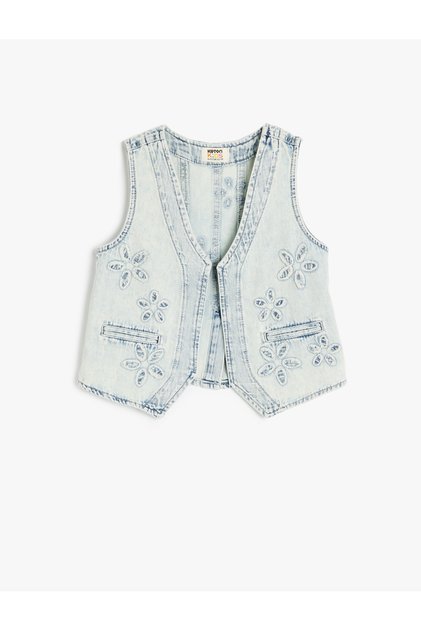Floral Patterned Pocket Cotton V-Neck Crop Denim Vest