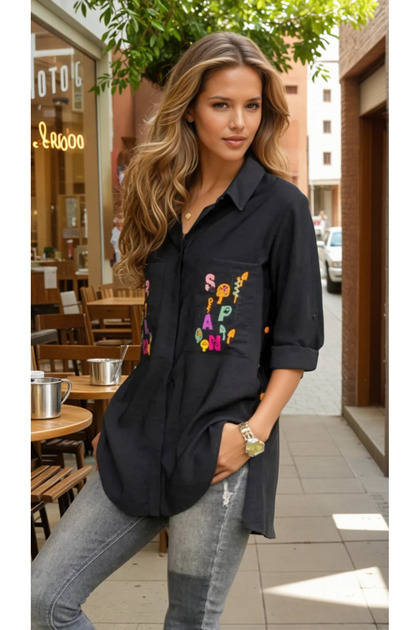 Women's Linen Black Letter Embroidered Long Sleeve Oval Cut Shirt with Button Detail on the Sides 6111330