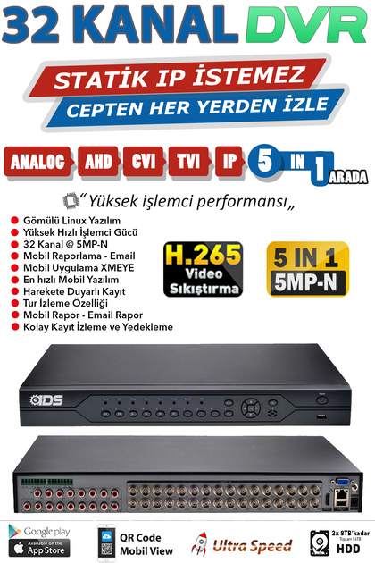 IDS 32 Kanal 5mp-n Fullhd H265 Dvr Kayıt Cihazı 2xhdd Yuvası 16