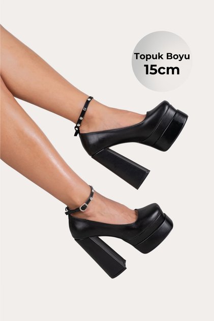 5-9334 15cm High and Thick Heeled Platform Evening Dress Shoes - Bridal Shoes Black Leather