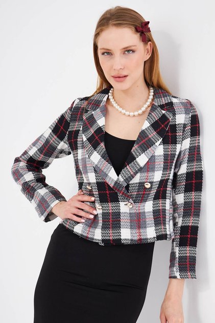 Women's Red-Black Double Breasted Collar Tweed Crop Jacket ARM-24K001014