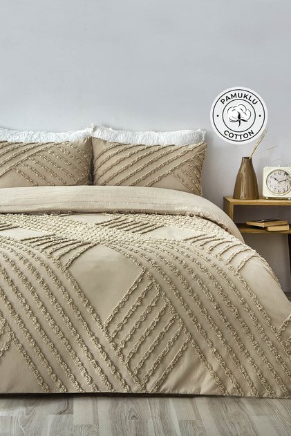 Cotton Nora Embossed Bedspread Set Single Daily Boho 2 Pieces Padded Beige