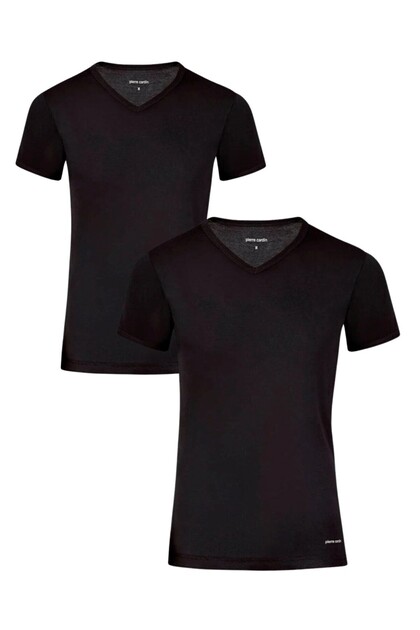 Erkek %100 Pamuklu Siyah 2'li Ribana V Yaka Fanila T-shirt Q5.U.5O.K3.K.A.P.C