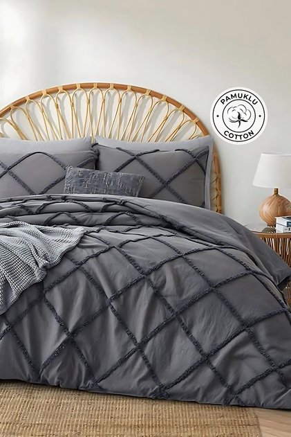 Cotton Aimar Bedspread Set Single Size Daily Double Sided Boho 2 Piece Fiber Filled Anthracite