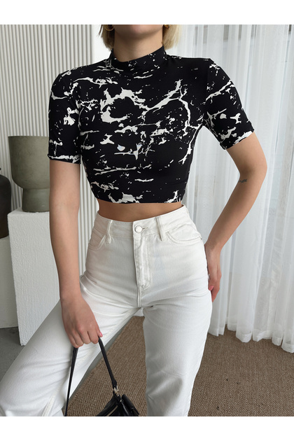 Women's Black Marble Stand Collar Short Sleeve Viscose Crop Blouse