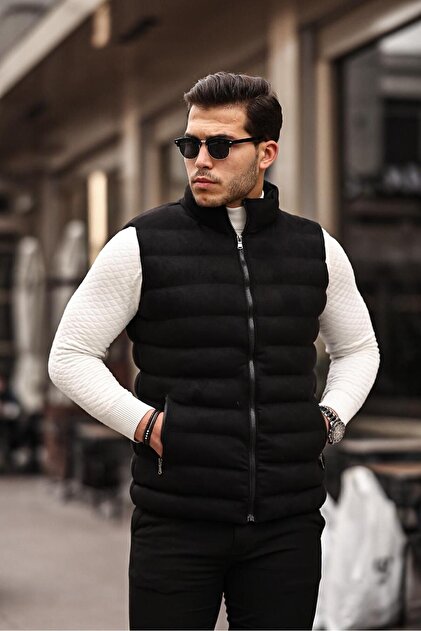 Mero Life Men's Black Nubuck Suede Puffer Vest- Trendyol