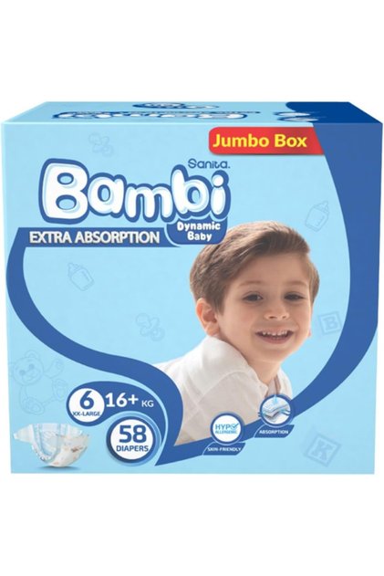 Sanita Bambi Diapers Mega Pack - Size 6 Extra Large Over 16 kg 58 Diapers