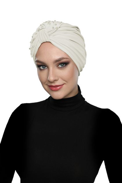 Crystal Fan Stone Embroidered Double-Sided Lined Cream Ready-made Hijab Hijab Evening Dress Bonnet