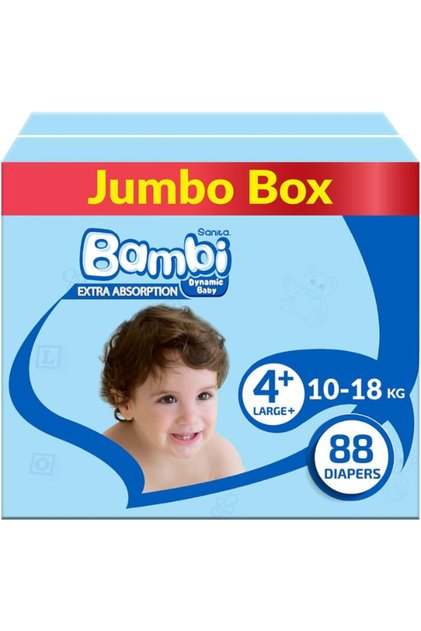 Sanita Bambi Diapers Mega Pack - Size 4+, Large+, 18-10 kg, 88 Diapers
