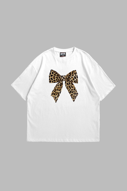 Bow Leopard Printed 24/1 Oversize Unisex White Tshirt