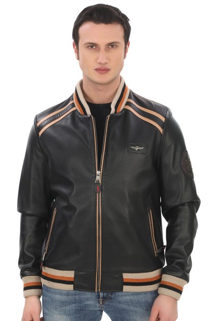 Men's Genuine Lambskin Bomber Jacket Stripe Detailed Stylish Black Varsity Derimont Handmade Casual Jacket