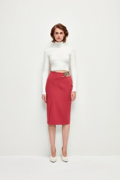 Slit-Waist Pencil Skirt with Metal Buckle