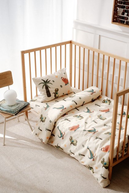 Baby Crib, Park Bed (60X120 cm) Duvet Cover & Bed Sheet Sets, Cotton Satin - Dinosaurs